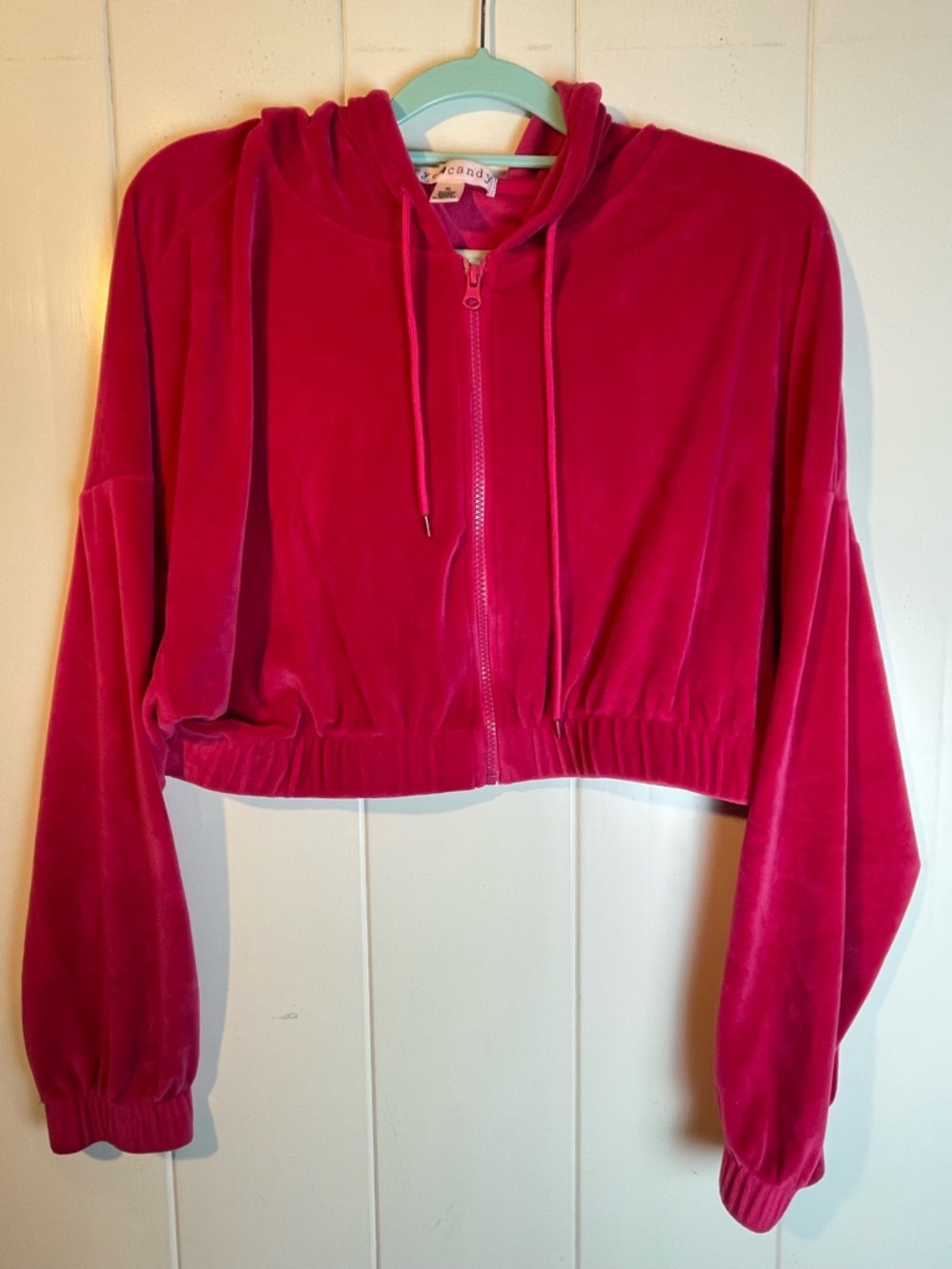 Eye Candy Pink Velor Crop Zip Up, Size XL